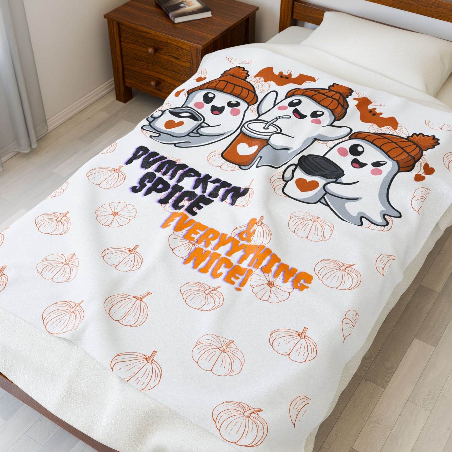 Sobre Todo -  Pumpkin Spice & Everything Nice Cozy Fall Blanket - Cute Ghost Halloween Throw